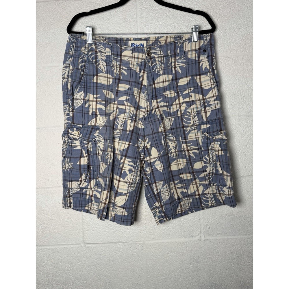 Iron Mens 34 Blue Plaid Tropical Leaf Cargo Shorts Y2K Surf Skate Distressed